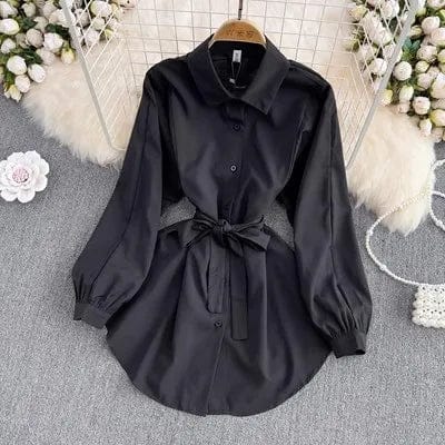 Free / Black One size  Spring new mid length collection waist shirt retro lapel long sleeved top