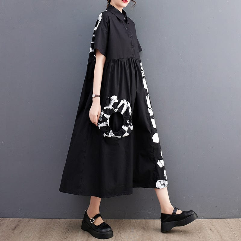 Free / black One size  Summer New Art Print Splice Fashion Casual Shirt Skirt Dress