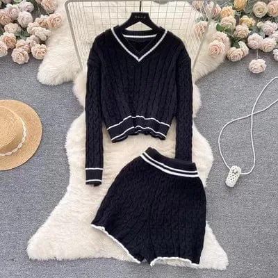 Free / Black One size  Women's autumn and winter casual loose set Pullover Knitted Sweater High Waist Shorts Two Piece Set