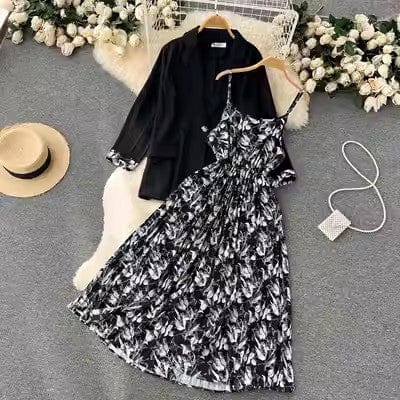 Free / black One size women's two-piece summer long sleeved Blazer waist closing floral suspender dress suit