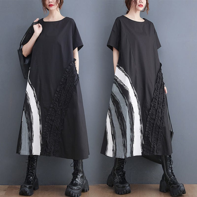 Free / black One size  Xia Han Version New Loose Fit Large Fashion Printed Round Neck Mid length Dress