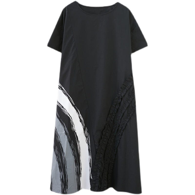 Free / black One size  Xia Han Version New Loose Fit Large Fashion Printed Round Neck Mid length Dress