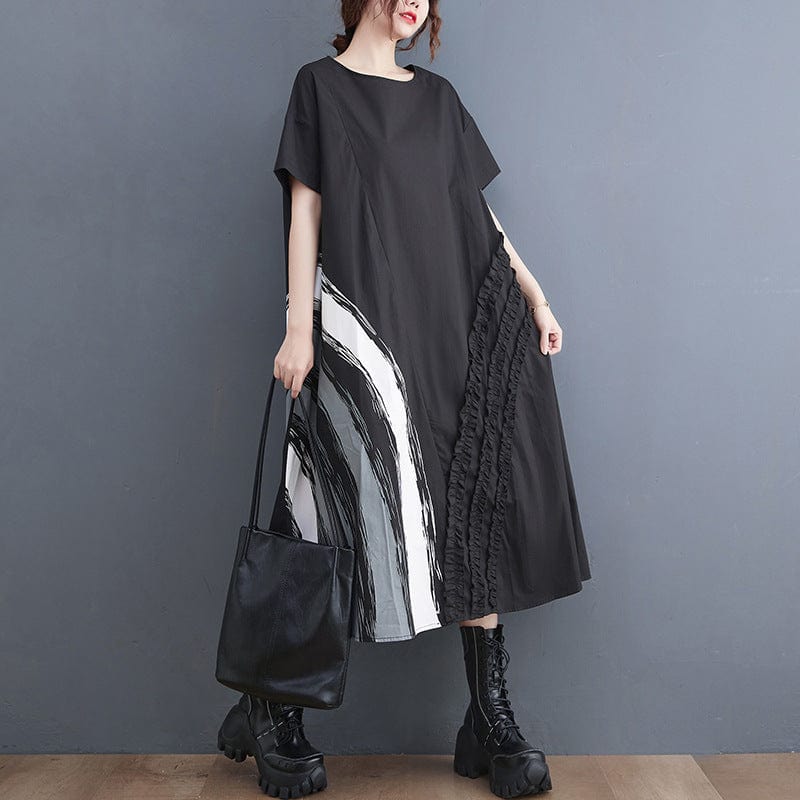 Free / black One size  Xia Han Version New Loose Fit Large Fashion Printed Round Neck Mid length Dress