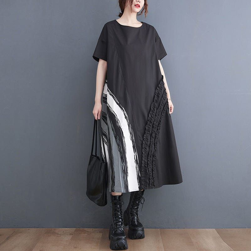 Free / black One size  Xia Han Version New Loose Fit Large Fashion Printed Round Neck Mid length Dress