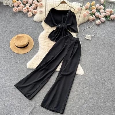 Free / Black Ons size Mature Girl Royal Sister Set Summer New One Shoulder Off Shoulder Top Versatile Wide Leg Pants Two Piece Set