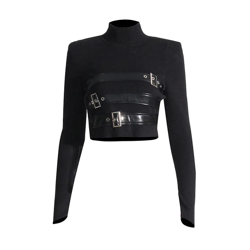 Free / Black OUDINA 2023 New Arrivals Women Patchwork Detachable Denim Cuffs Casual Top Sweater Knit Women's Sweaters