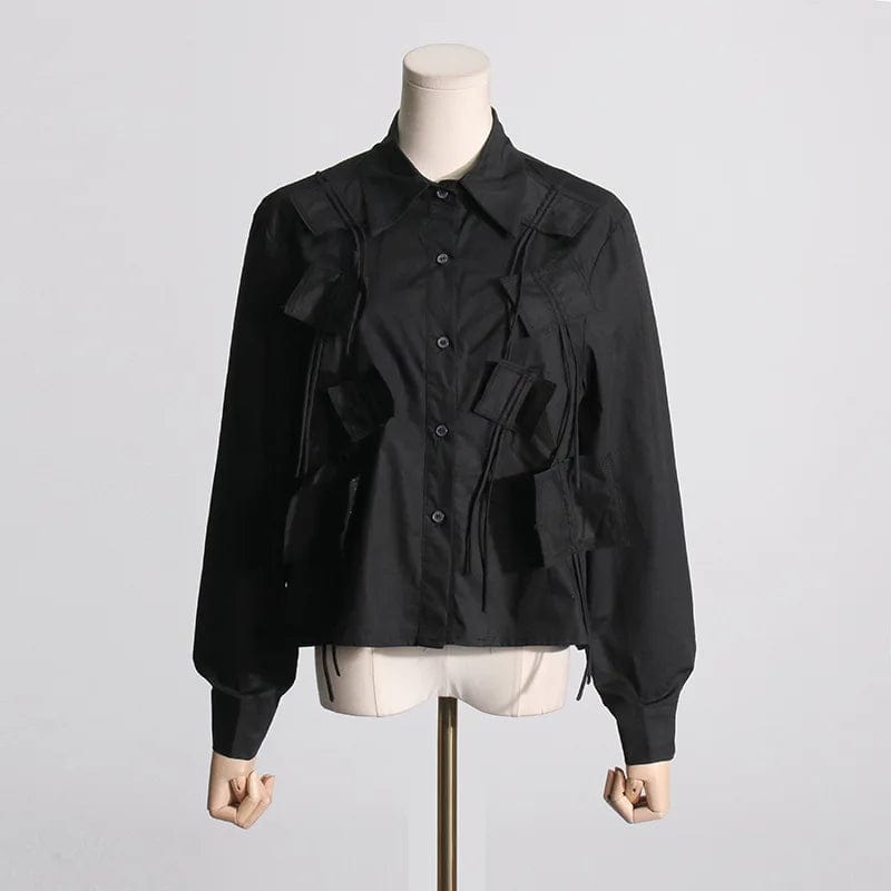 Free / Black OUDINA New Fashion Drawstring Pleated Tassel Lapel Long-sleeved Ladies Single-breasted Cropped Shirt Women