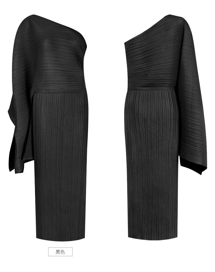 Free / black OUDINA New Summer Women's Temperament Irregular Beveled High Waist Long Chiffon Pleats Casual Dresses Woman