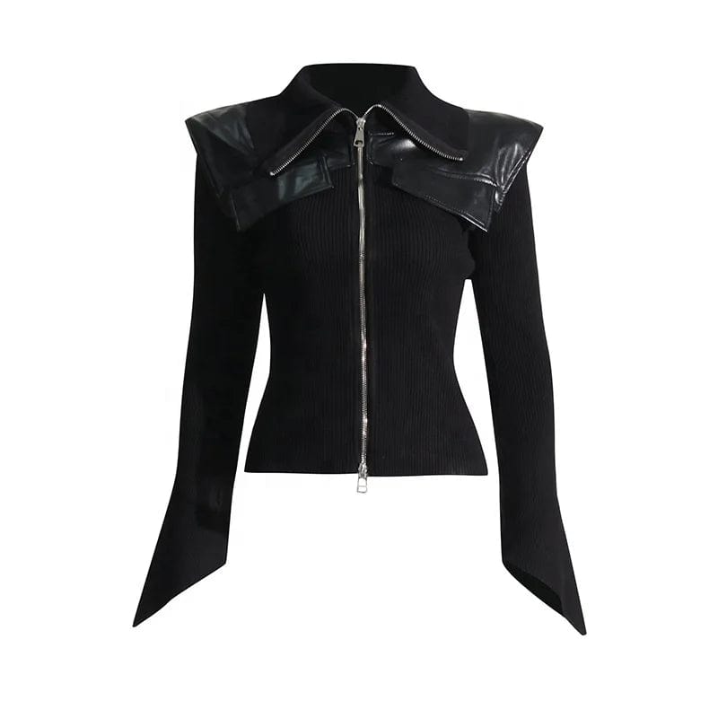 Free / Black OUDINA New Trendy Lapel Design Stitching Leather Waist Slim Solid Color Knit Fashionable Jacket Women