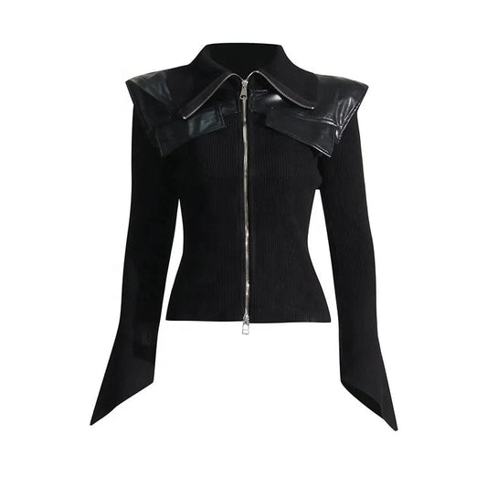 Free / Black OUDINA New Trendy Lapel Design Stitching Leather Waist Slim Solid Color Knit Fashionable Jacket Women
