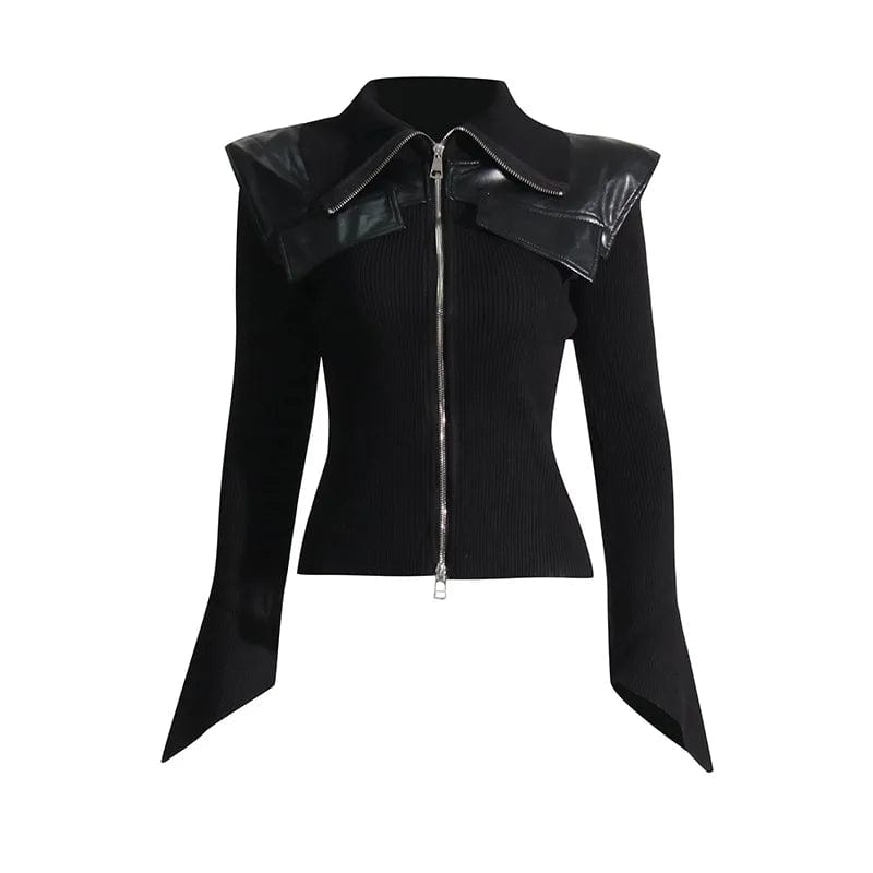 Free / Black OUDINA New Trendy Lapel Design Stitching Leather Waist Slim Solid Color Knit Fashionable Jacket Women