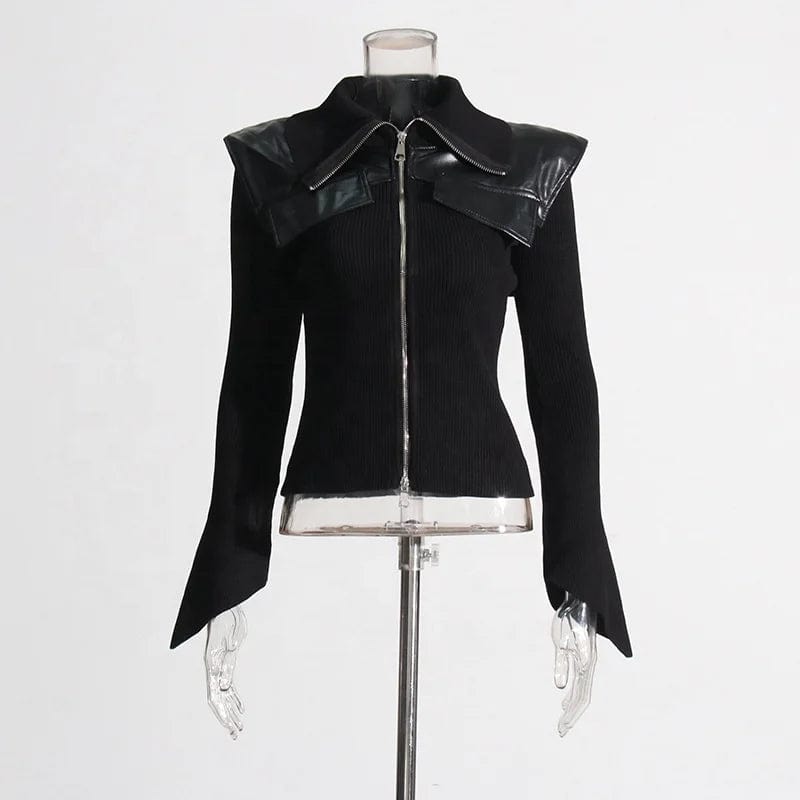 Free / Black OUDINA New Trendy Lapel Design Stitching Leather Waist Slim Solid Color Knit Fashionable Jacket Women
