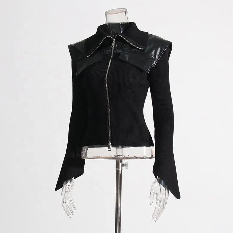 Free / Black OUDINA New Trendy Lapel Design Stitching Leather Waist Slim Solid Color Knit Fashionable Jacket Women