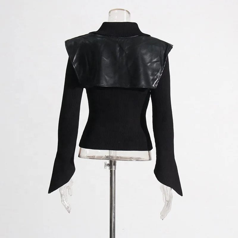 Free / Black OUDINA New Trendy Lapel Design Stitching Leather Waist Slim Solid Color Knit Fashionable Jacket Women