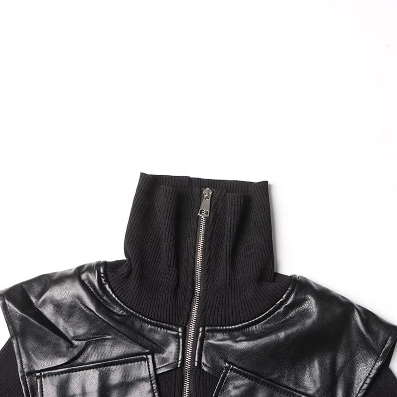 Free / Black OUDINA New Trendy Lapel Design Stitching Leather Waist Slim Solid Color Knit Fashionable Jacket Women