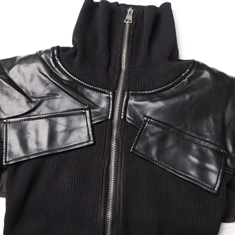 Free / Black OUDINA New Trendy Lapel Design Stitching Leather Waist Slim Solid Color Knit Fashionable Jacket Women