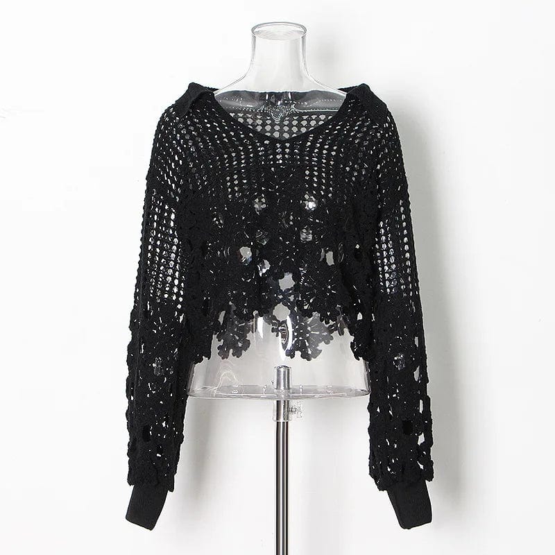 Free / Black OUDINA Personalized Hollow Knitted Top 2023 New Fashion European And American Design V-neck Crop Shirt Women