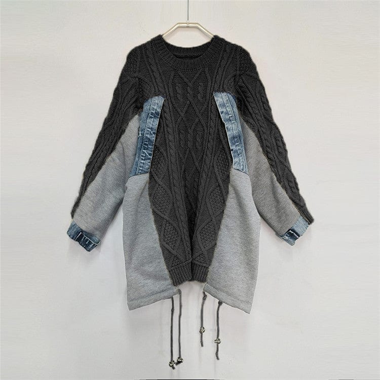 Free / black Patchwork Denim Colorblock Sweater For Women Round Neck Long Sleeve Streetwear Casual Pullover