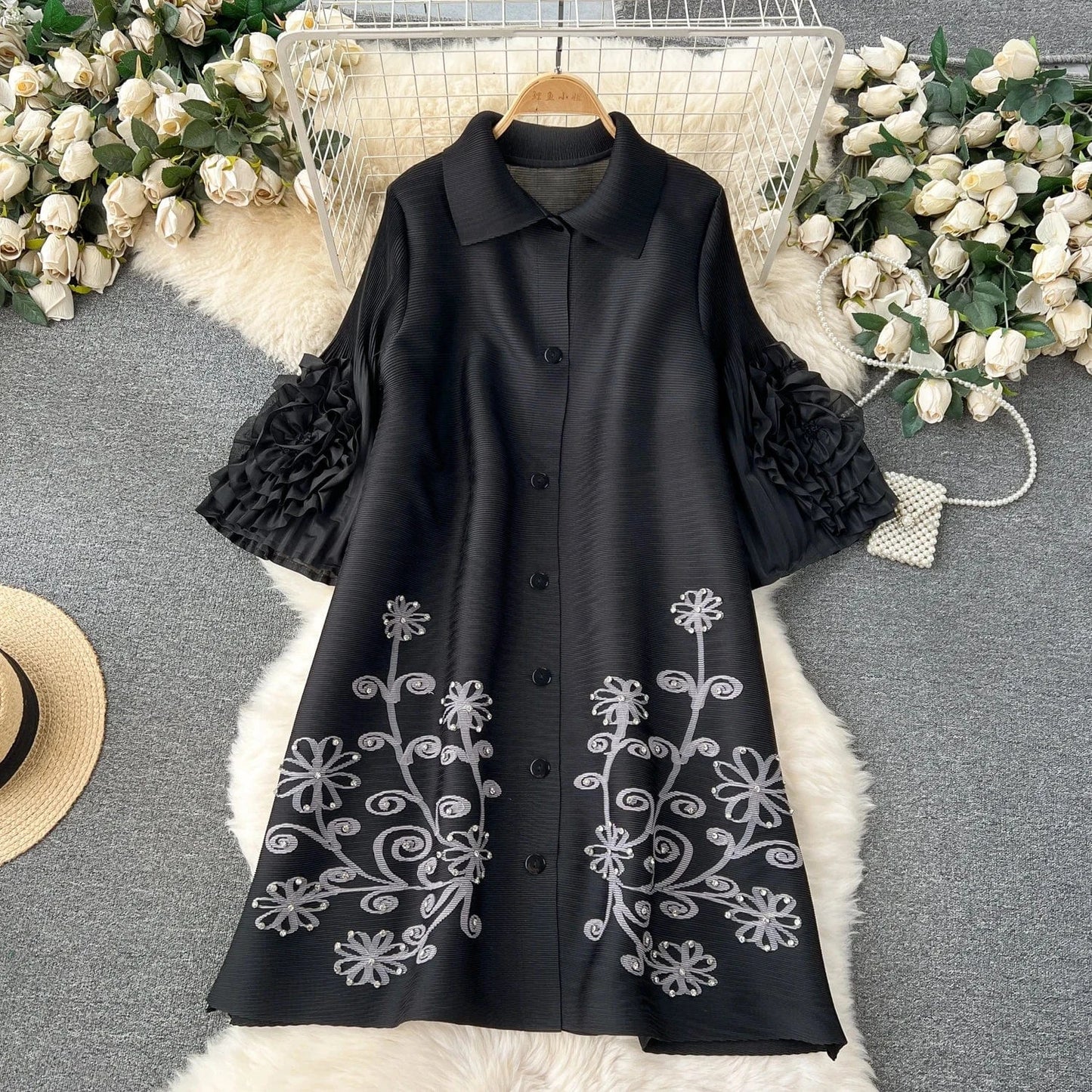 Free / Black Pleated Miyake Single Breasted Hand Silver Floral Ladies Cardigan Coat Women Free Size Loose Dress