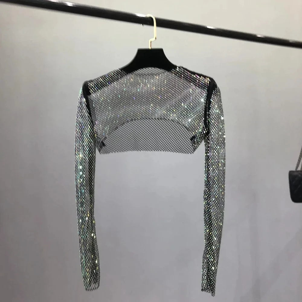 Free / Black / Polyamide W-S1141A Women Colorful Rhinestones Long Sleeve Crop Top Glitter Drill Shawls Shrug See Through Fishnet Cover Up Clubwear