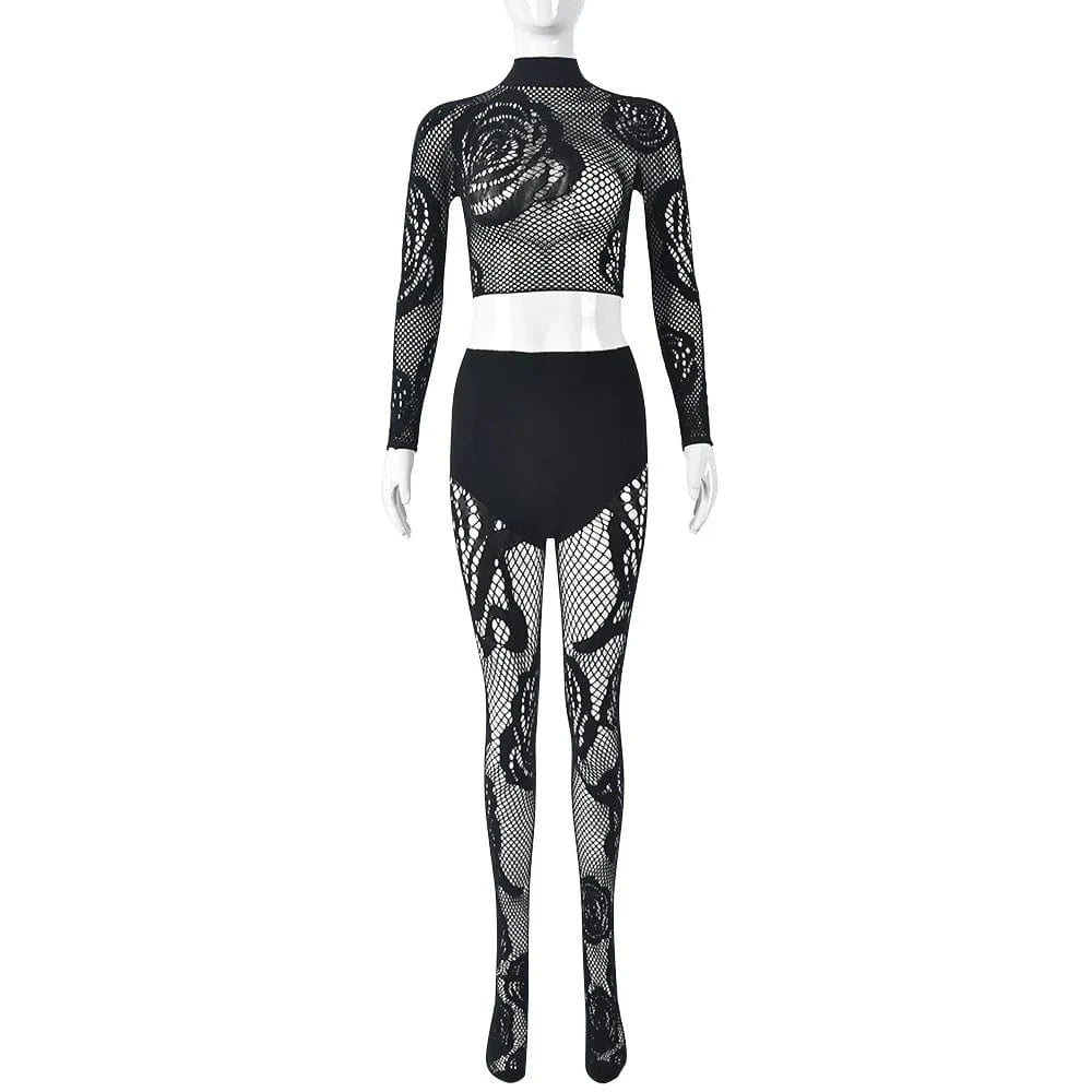 Free / Black Sexy Bodycon Stretch Mesh See Through Crop Top And Leggings Set Rose Pattern Women Two Piece Pant Set