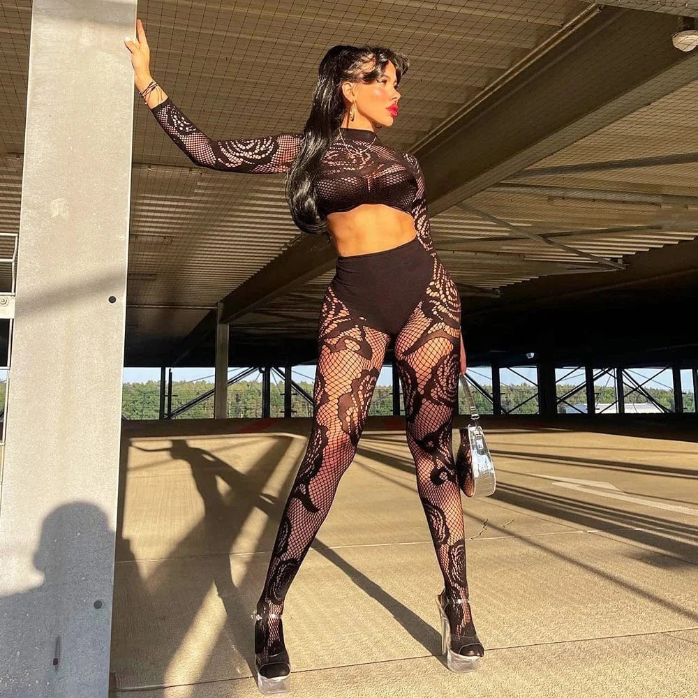 Free / Black Sexy Bodycon Stretch Mesh See Through Crop Top And Leggings Set Rose Pattern Women Two Piece Pant Set