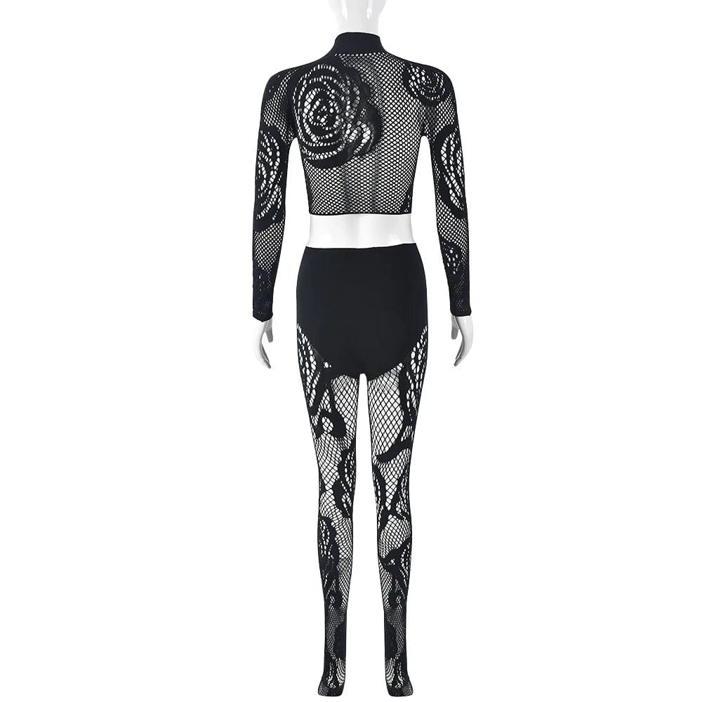 Free / Black Sexy Bodycon Stretch Mesh See Through Crop Top And Leggings Set Rose Pattern Women Two Piece Pant Set