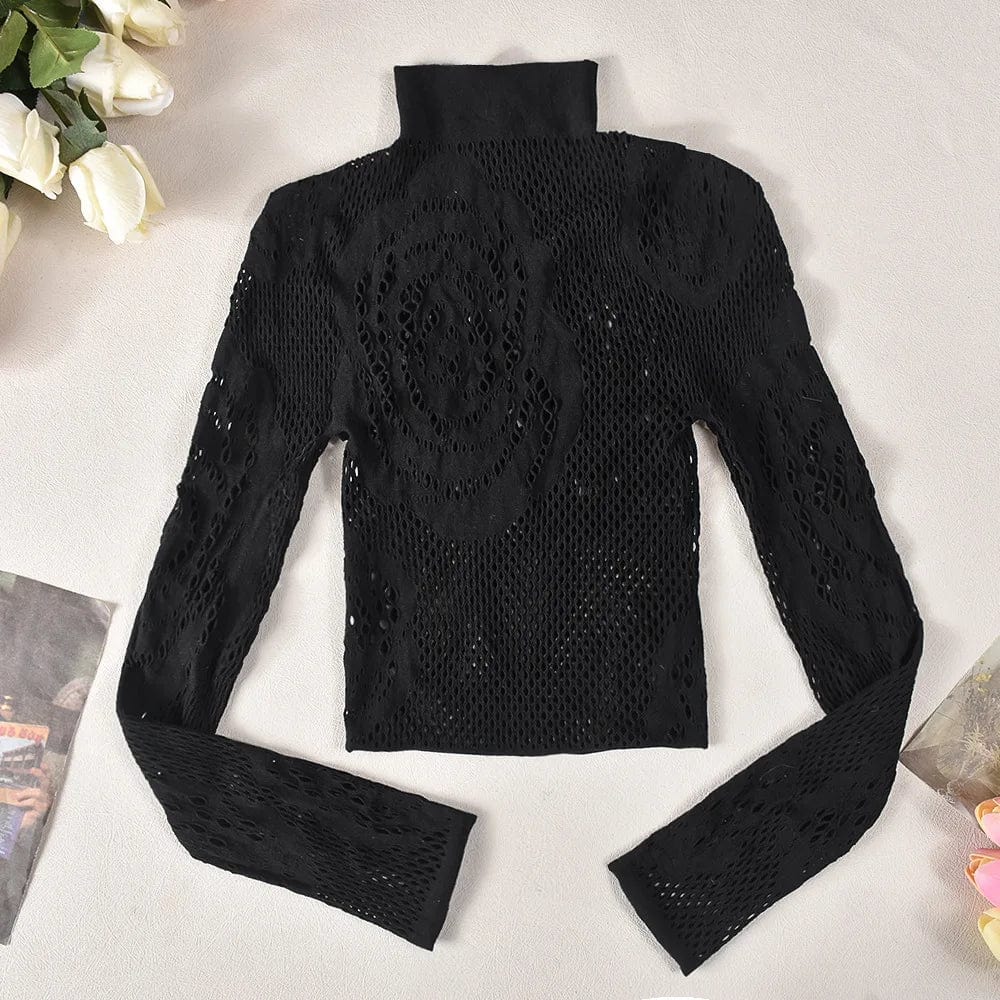 Free / Black Sexy Bodycon Stretch Mesh See Through Crop Top And Leggings Set Rose Pattern Women Two Piece Pant Set