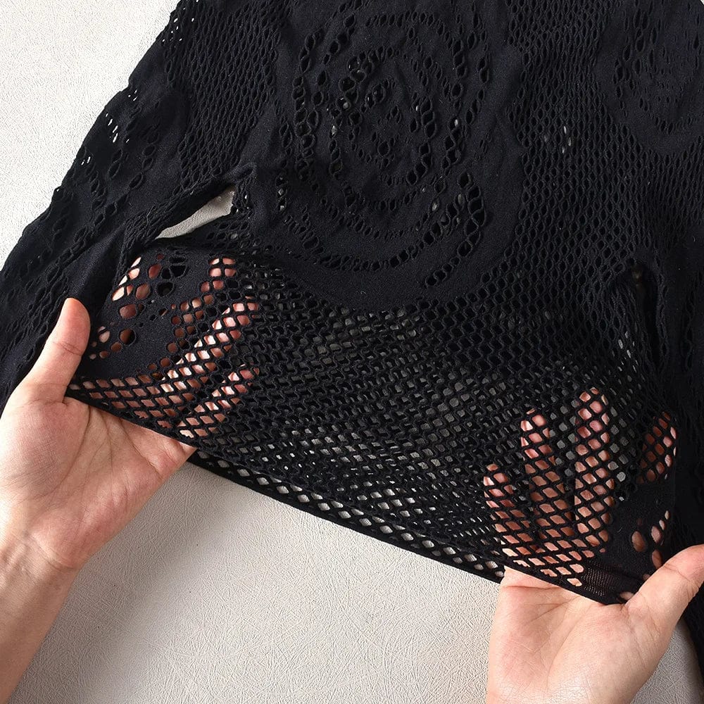 Free / Black Sexy Bodycon Stretch Mesh See Through Crop Top And Leggings Set Rose Pattern Women Two Piece Pant Set