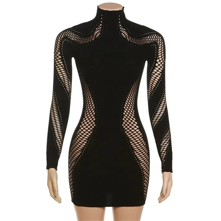Free / Black Sexy Outfit Hollow Out Bodycon Dress O Neck Long Sleeve Dress Female Black Solid Mini Dresses For Women