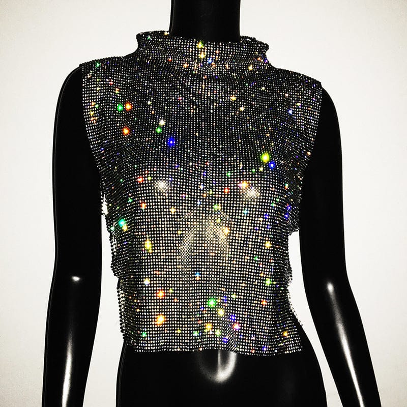 Free / black SHIHAN Diamante chainmail high neck top 7 colors rhinestone gold metallic crop top women sparkle shiny vest
