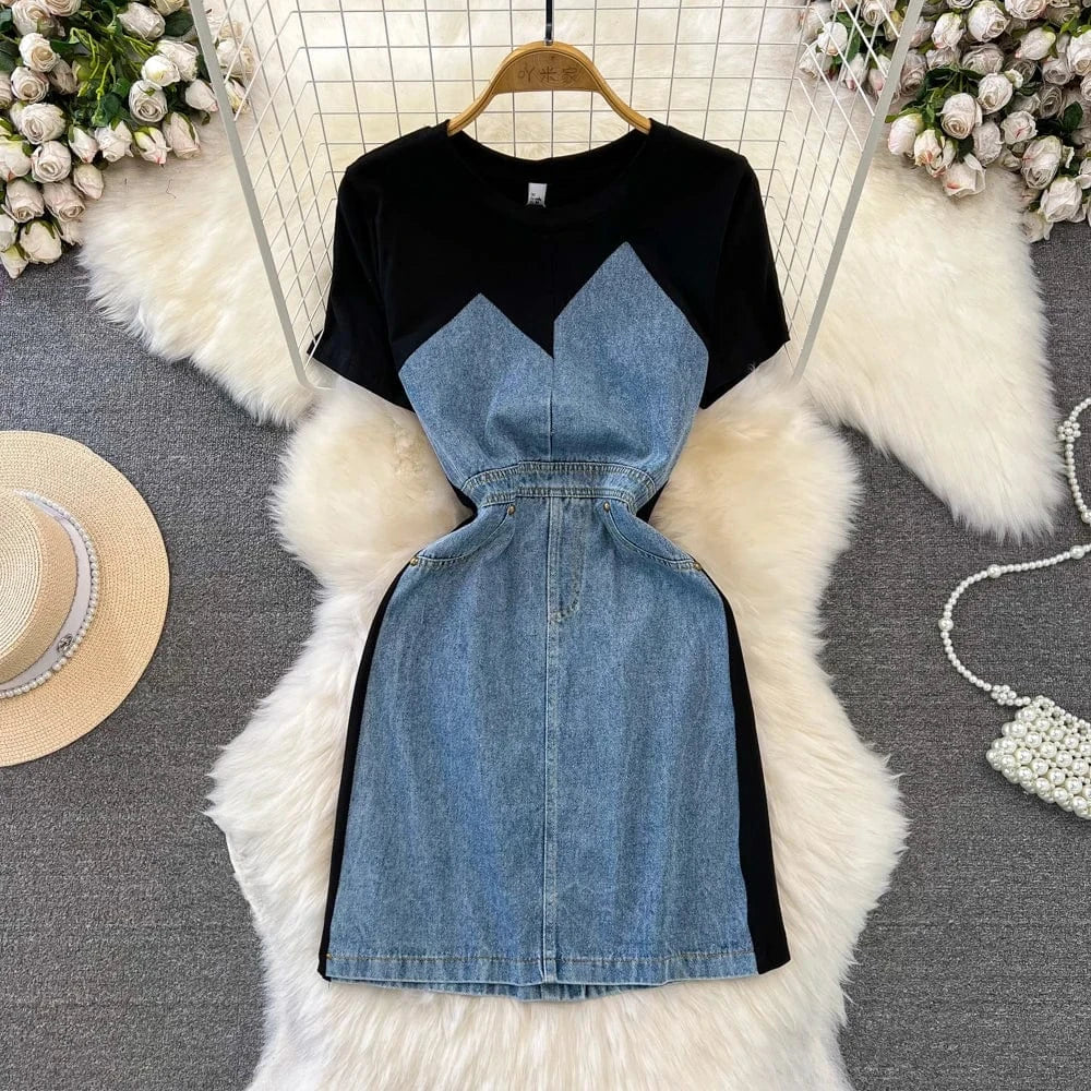 Free / Black Short Sleeve O-neck Solid A-line Dress Summer Contrast Color Denim High Waist Midi Dress Ladies Casual Dress Clothes Women