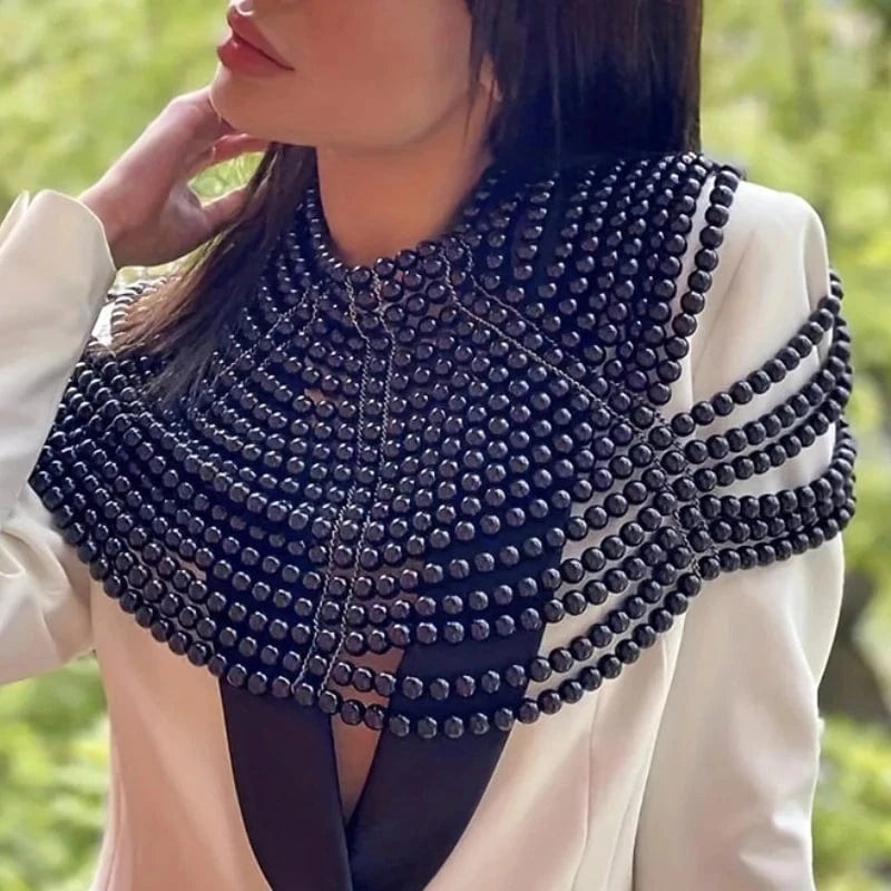 Free / Black Simple Style Beaded Body Chain Handmade Faux Pearls Shawl Chain Elegant Body Jewelry Accessories bustier For Women Girls