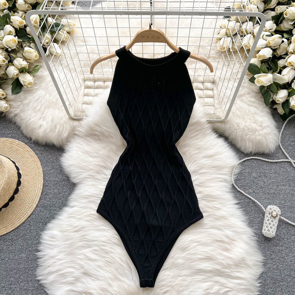 Free / black Sleeveless halter one-piece knit dress women's summer slimming temperament sexy plaid knitted buttock jumpsuit