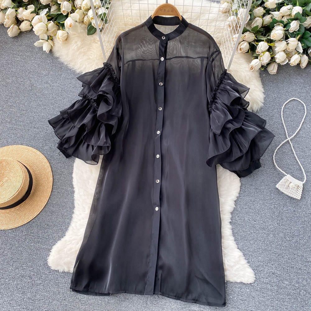 Free / black Spring New European And American French Lotus Leaf Sleeve Loose Shirt Casual Dress