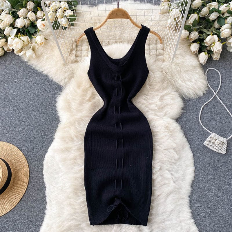 Free / black Summer Sexy V Neck Backless Thin Elastic Rib-Knit Drawstring Wrap Vest Dress Women Casual Chic Slim Bodycon Dresses Ladies