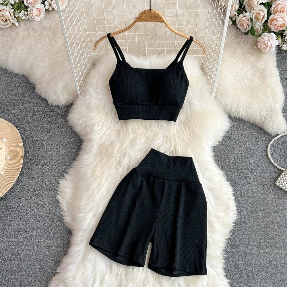 Free / Black Summer Sports Fashion Suit Women Yoga Halter Undershirt Shorts Two Piece Set