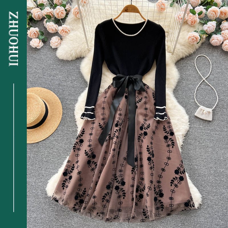 Free / black Sweet Round Collar Long Sleeve High Waist Knit Patchwork Mesh Embroidery A-Line Dresses Women Lady Elegant Knitting Dress