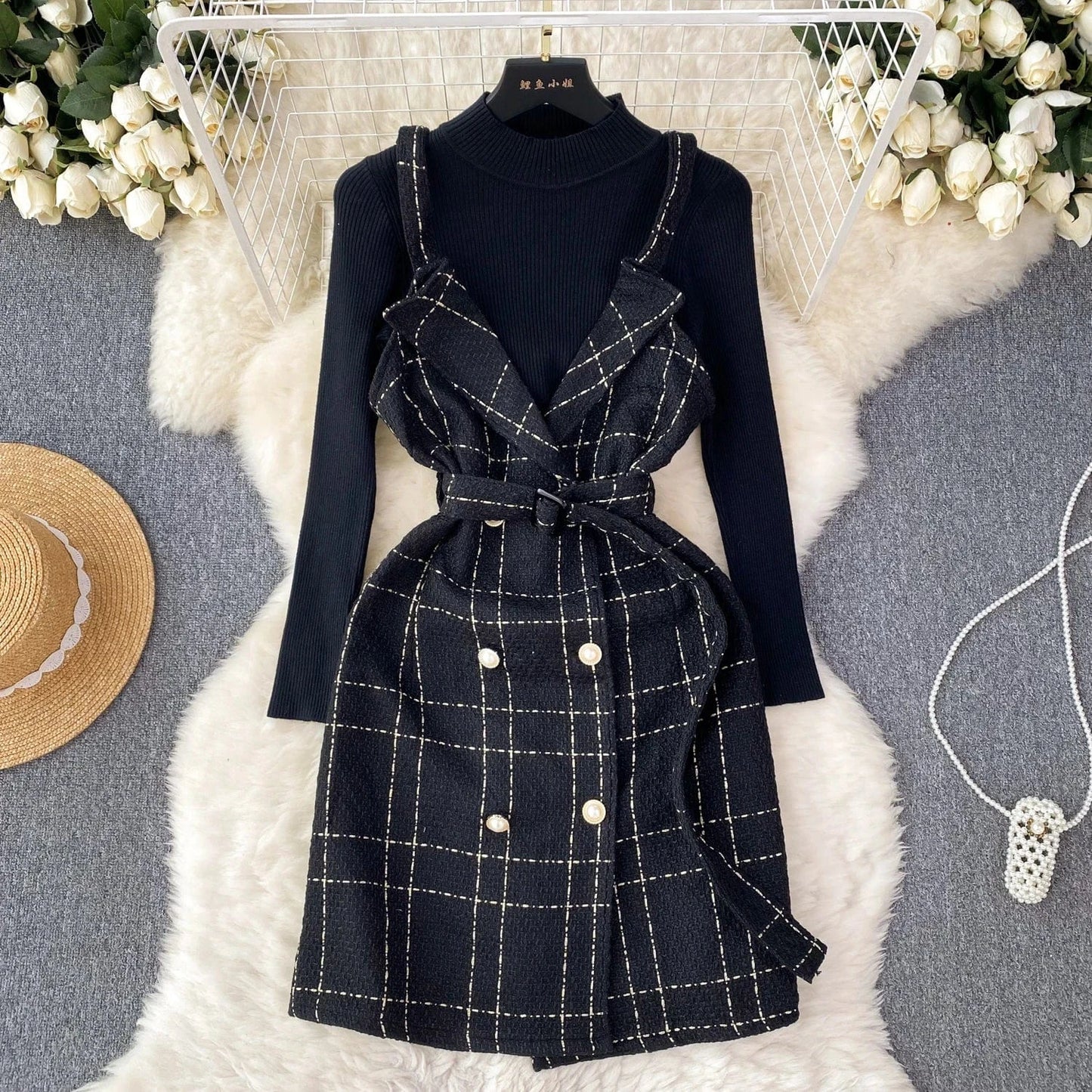 Free / Black Women A Line Tweed Plaid Spaghetti Straps Dress Two-piece Bottoming Sweater Female Knitted Dress Set