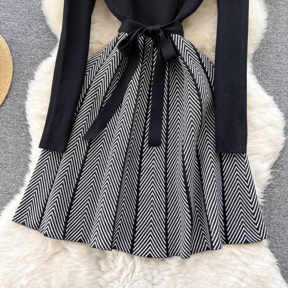 Free / black Women Chic Peter Pan Collar Patchwork Bandage Knitting A-Line Dresses Ladies Elegant Office Sweater Dresses