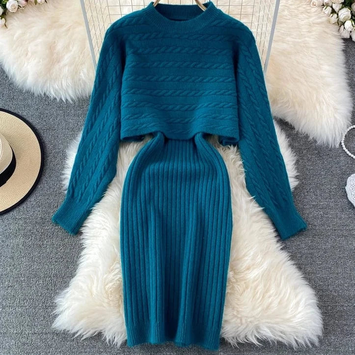 Free / Blackish Green Fashion Autumn Winter Korean Style Loose Top Knitted Two Piece Sweater Dress Sets For Women 2023