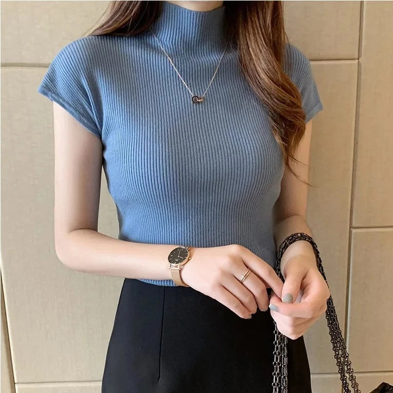 Free / Blue 2023 Summer new semi-high collar bottoming shirt women's short-sleeved knitwear tight sweater short slim top