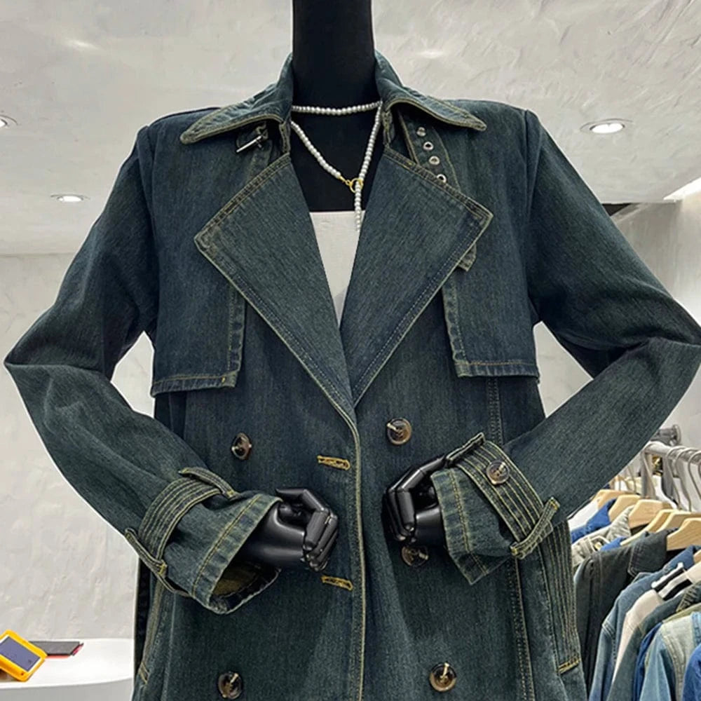 free / Blue CHICEVER Fashionable Lapel Long Sleeve Double Breasted Long Winter Jackets For Women