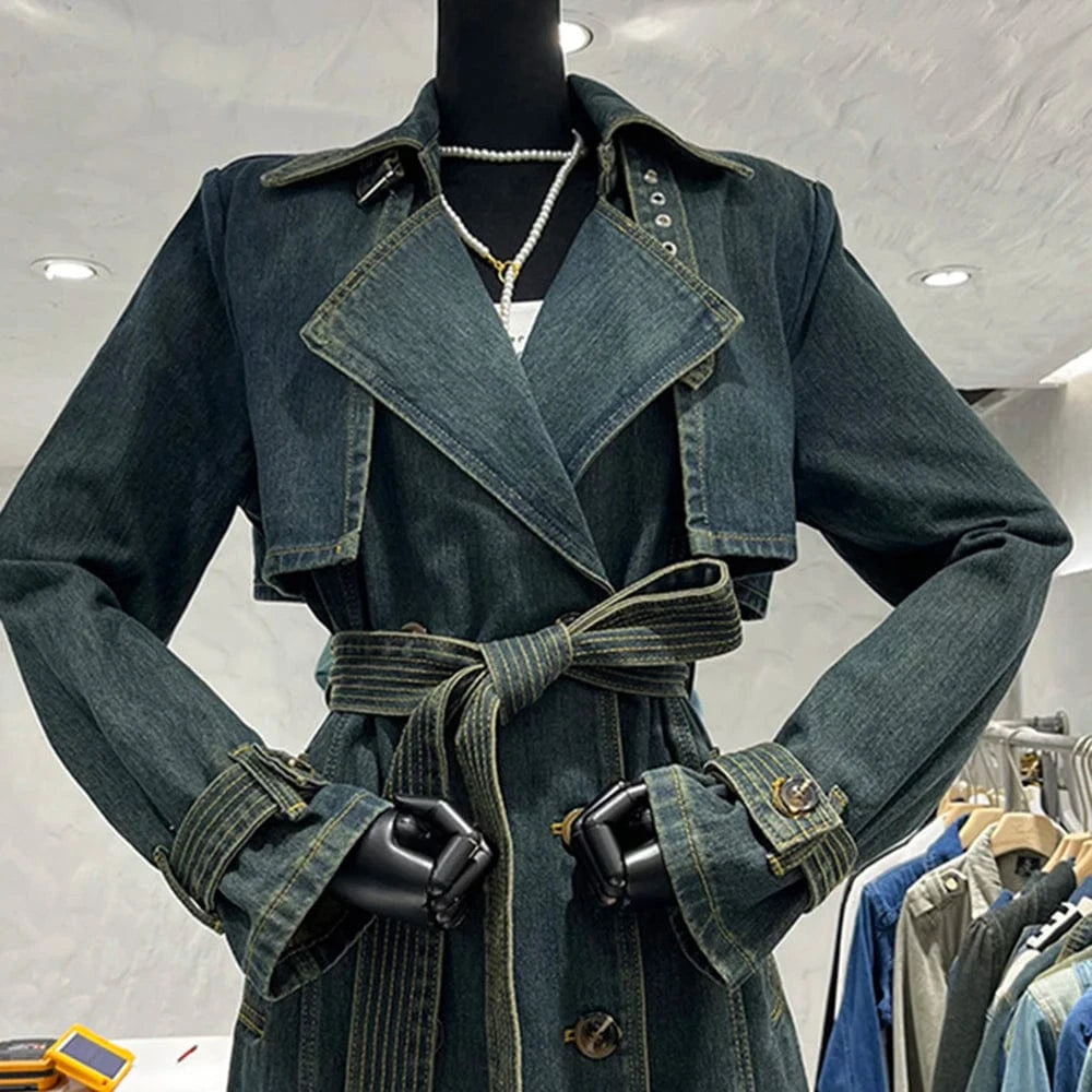 free / Blue CHICEVER Fashionable Lapel Long Sleeve Double Breasted Long Winter Jackets For Women