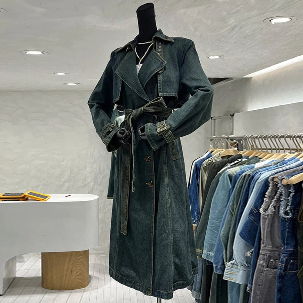 free / Blue CHICEVER Fashionable Lapel Long Sleeve Double Breasted Long Winter Jackets For Women