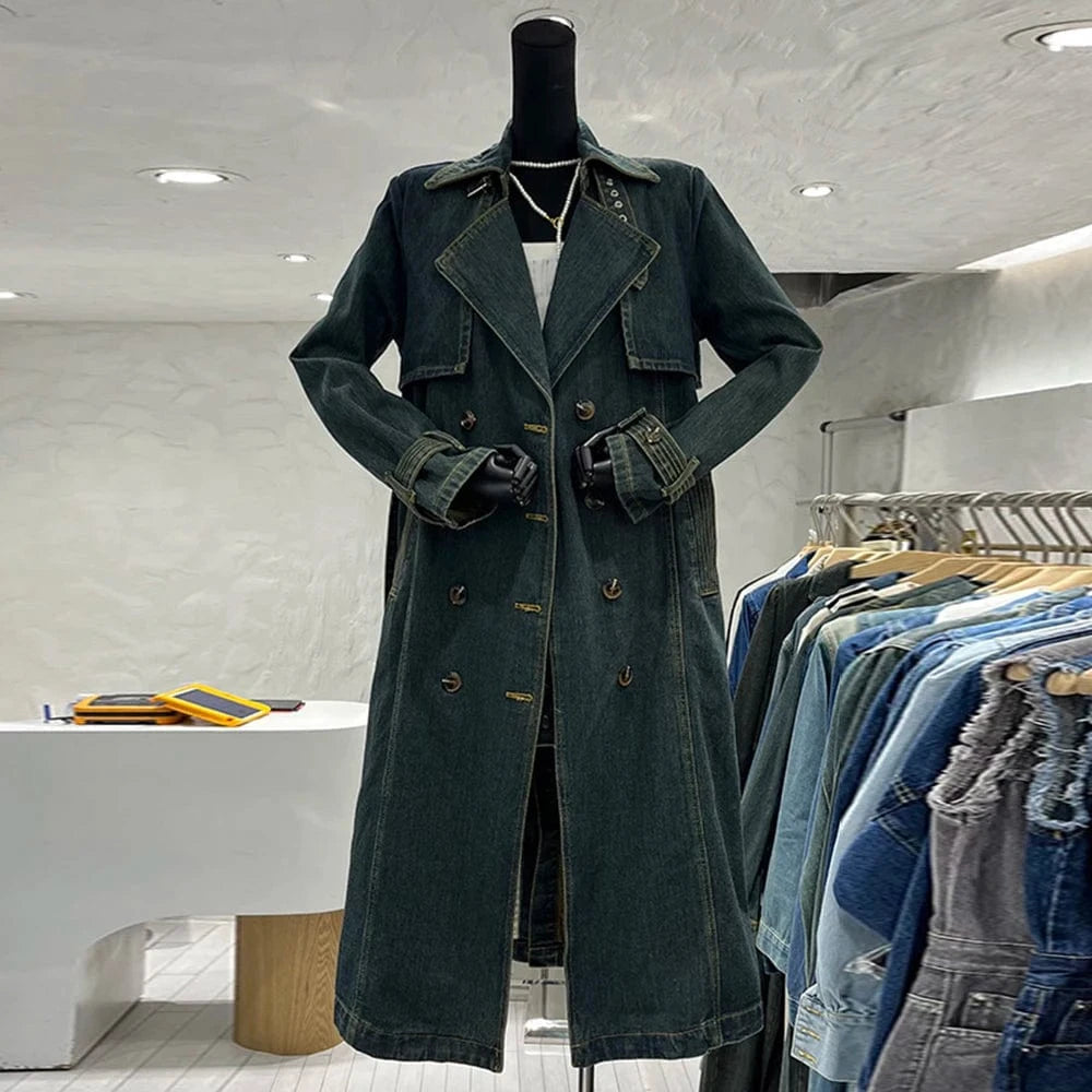 free / Blue CHICEVER Fashionable Lapel Long Sleeve Double Breasted Long Winter Jackets For Women