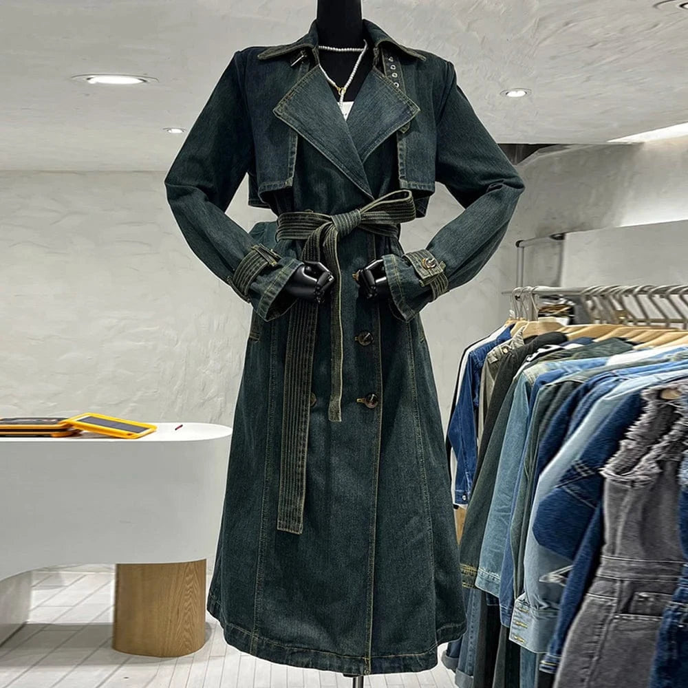 free / Blue CHICEVER Fashionable Lapel Long Sleeve Double Breasted Long Winter Jackets For Women