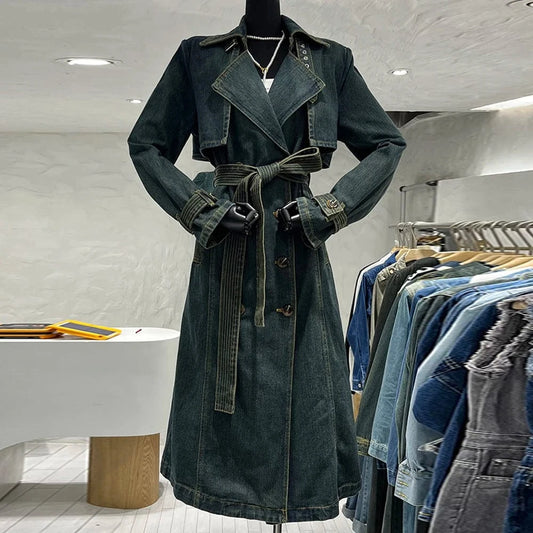 free / Blue CHICEVER Fashionable Lapel Long Sleeve Double Breasted Long Winter Jackets For Women