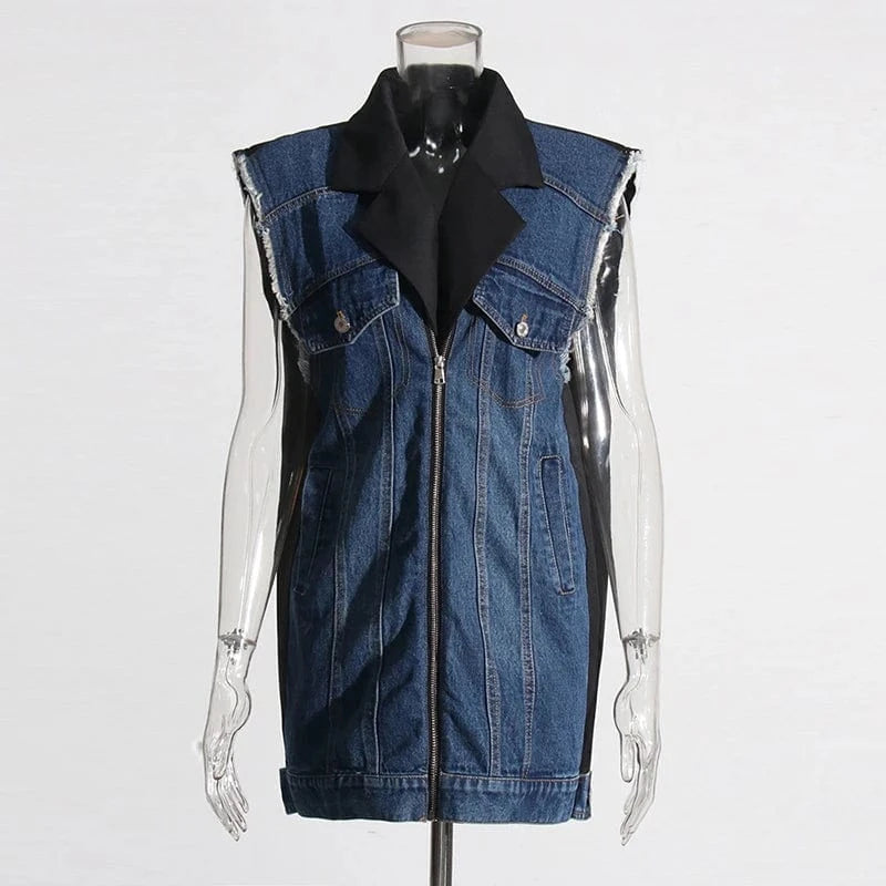 free / Blue CHICEVER Winter Sleeveless Patchwork Button Denim Material Jackets For Women 2023