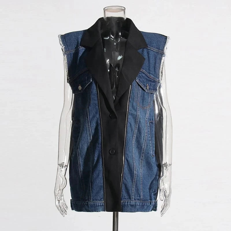 free / Blue CHICEVER Winter Sleeveless Patchwork Button Denim Material Jackets For Women 2023
